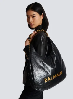 Women Balmain Large 1945 Soft Hobo Bag In Embossed Crinkled Calfskin With A PB Labyrinth Monogram