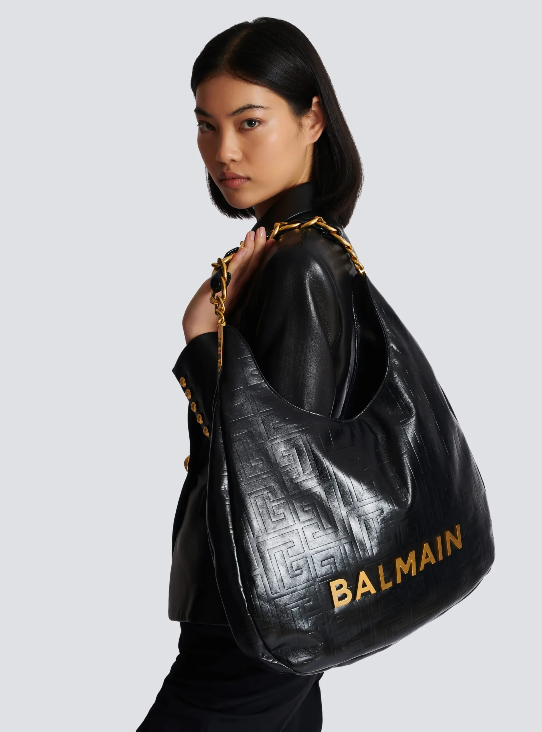 Women Balmain Large 1945 Soft Hobo Bag In Embossed Crinkled Calfskin With A PB Labyrinth Monogram