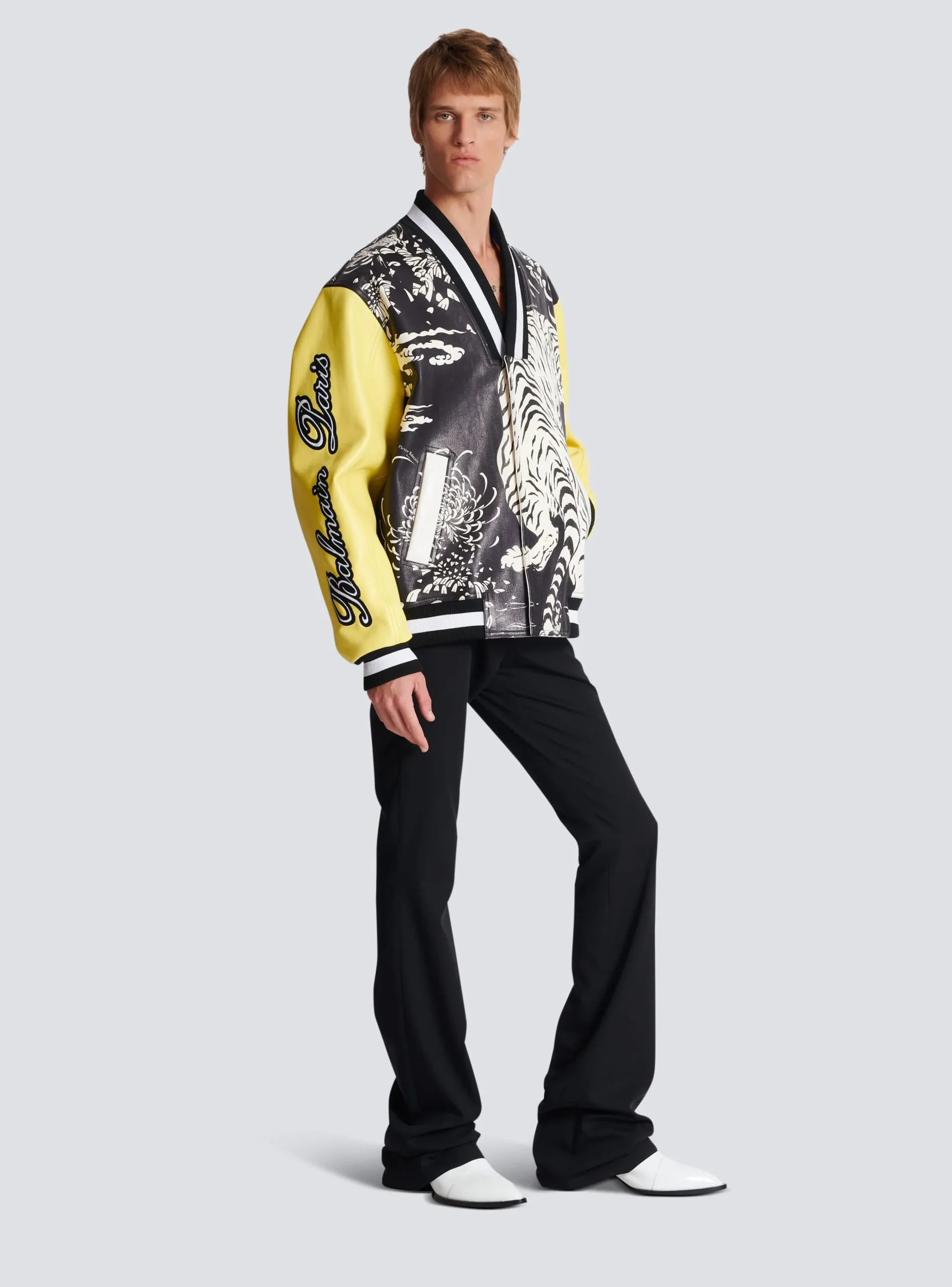 Balmain Leather Varsity Jacket With Tiger Print