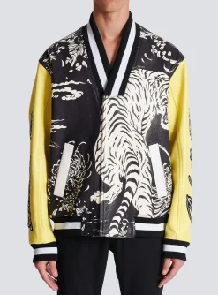 Balmain Leather Varsity Jacket With Tiger Print