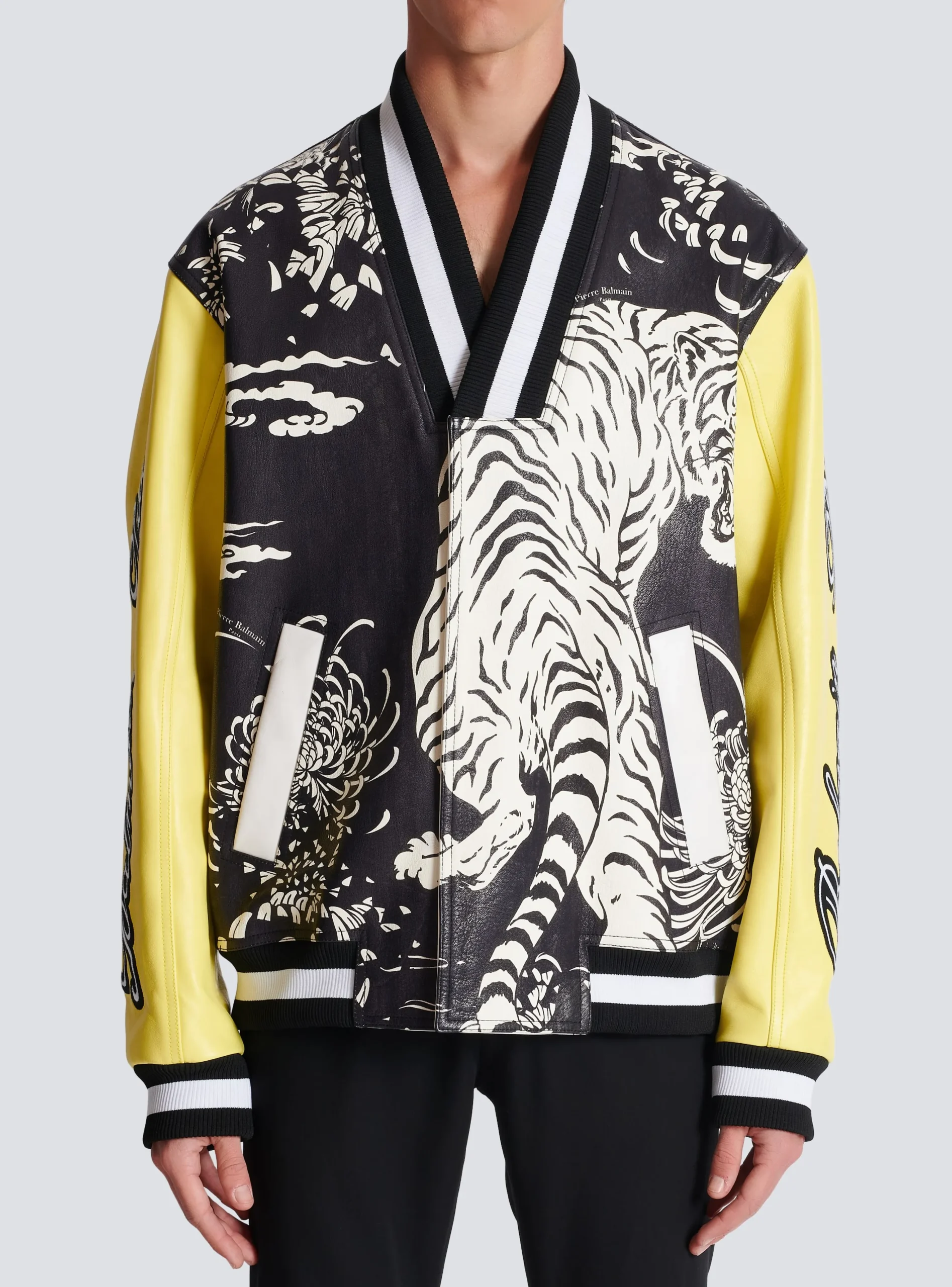 Balmain Leather Varsity Jacket With Tiger Print
