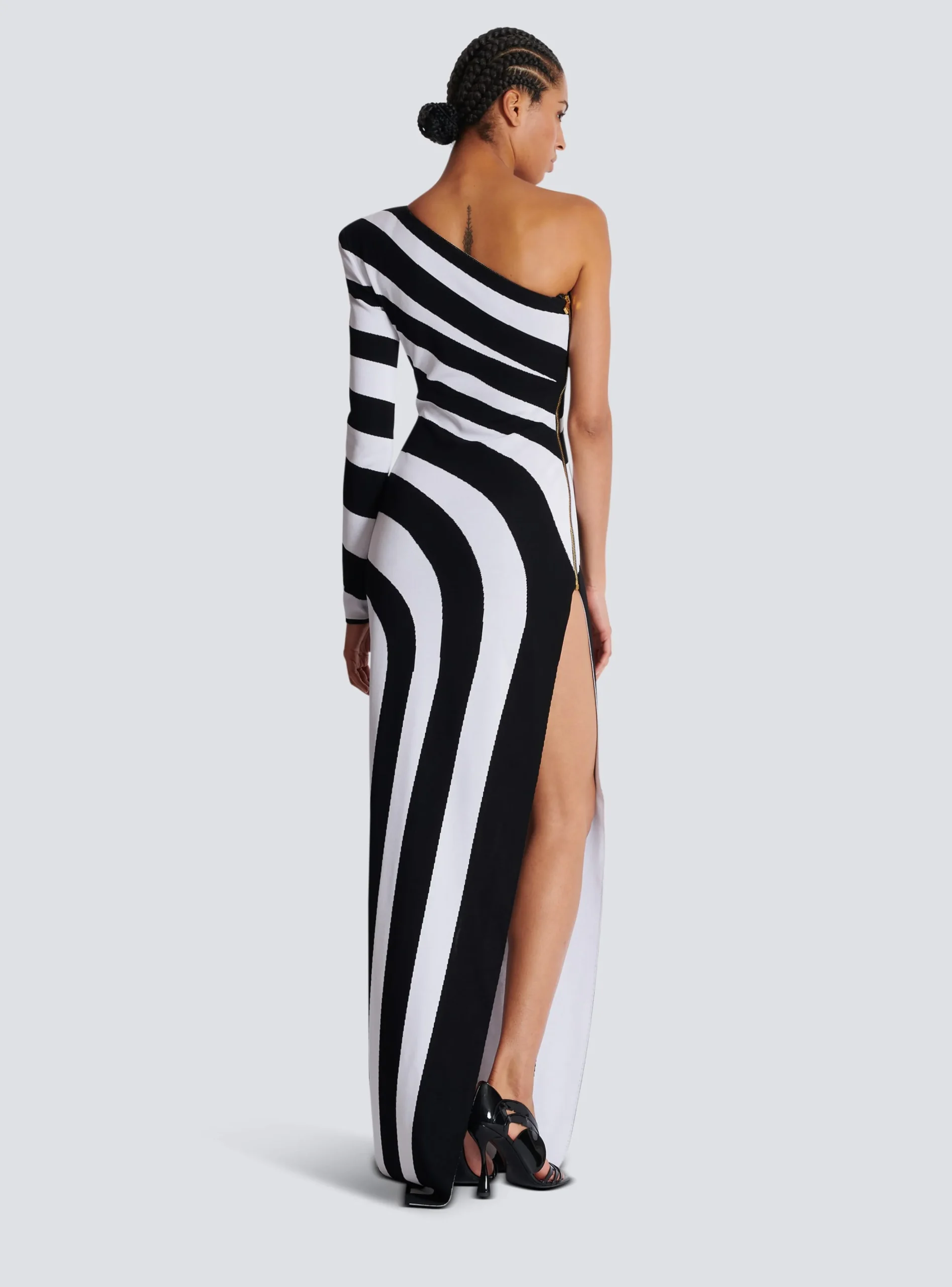 Women Balmain Long Asymmetrical Striped Knit Dress