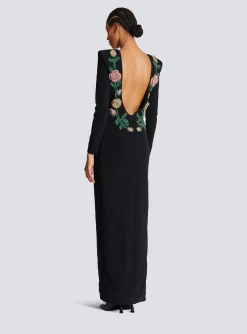 Women Balmain Long Backless Dress With Roses Embroidery