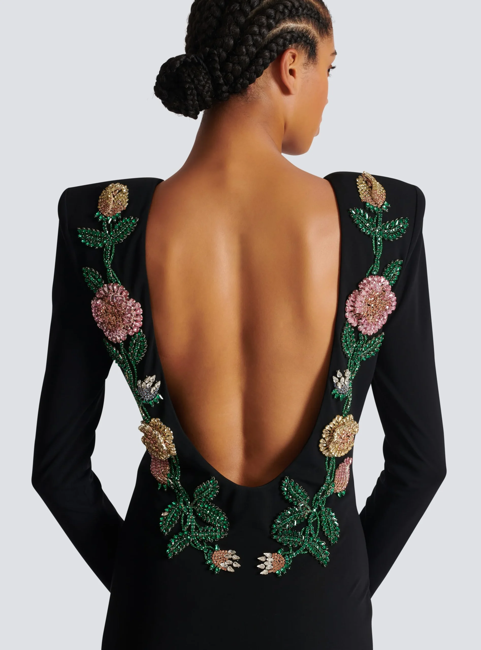 Women Balmain Long Backless Dress With Roses Embroidery