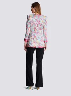 Women Balmain Long 6-button Jacket With Feather Print
