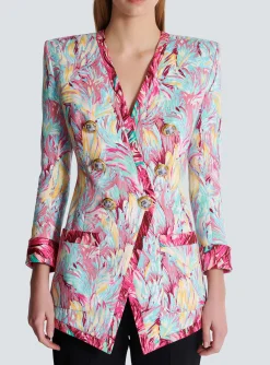 Women Balmain Long 6-button Jacket With Feather Print