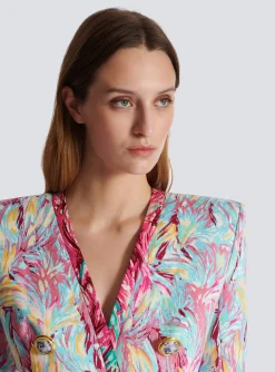 Women Balmain Long 6-button Jacket With Feather Print