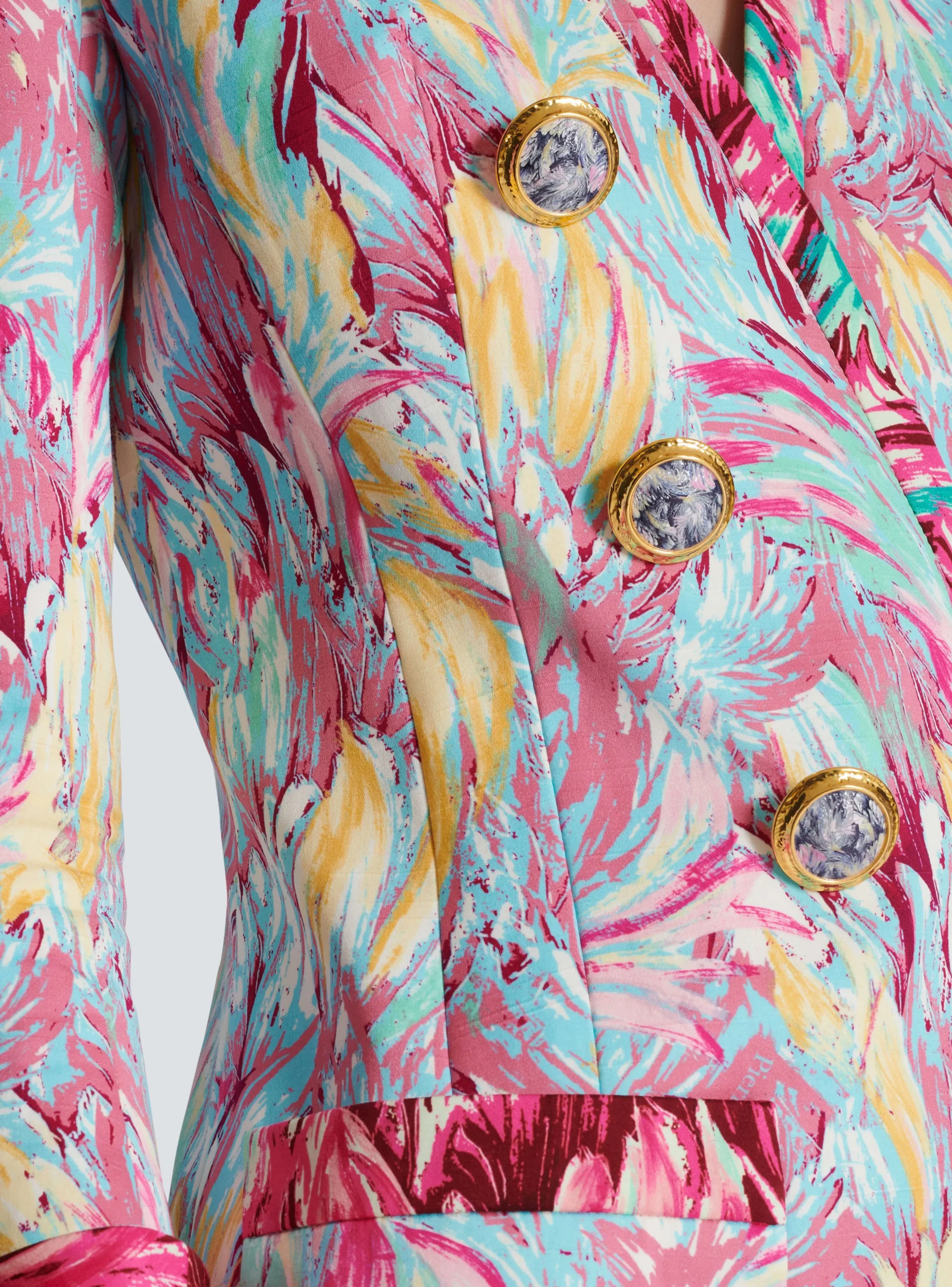Women Balmain Long 6-button Jacket With Feather Print