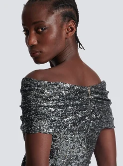 Women Balmain Long Draped Sequin Dress