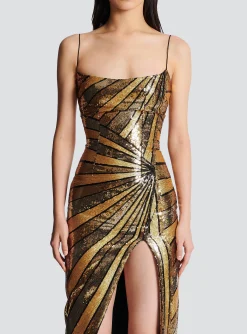 Women Balmain Long Dress With Sequin Embroidery