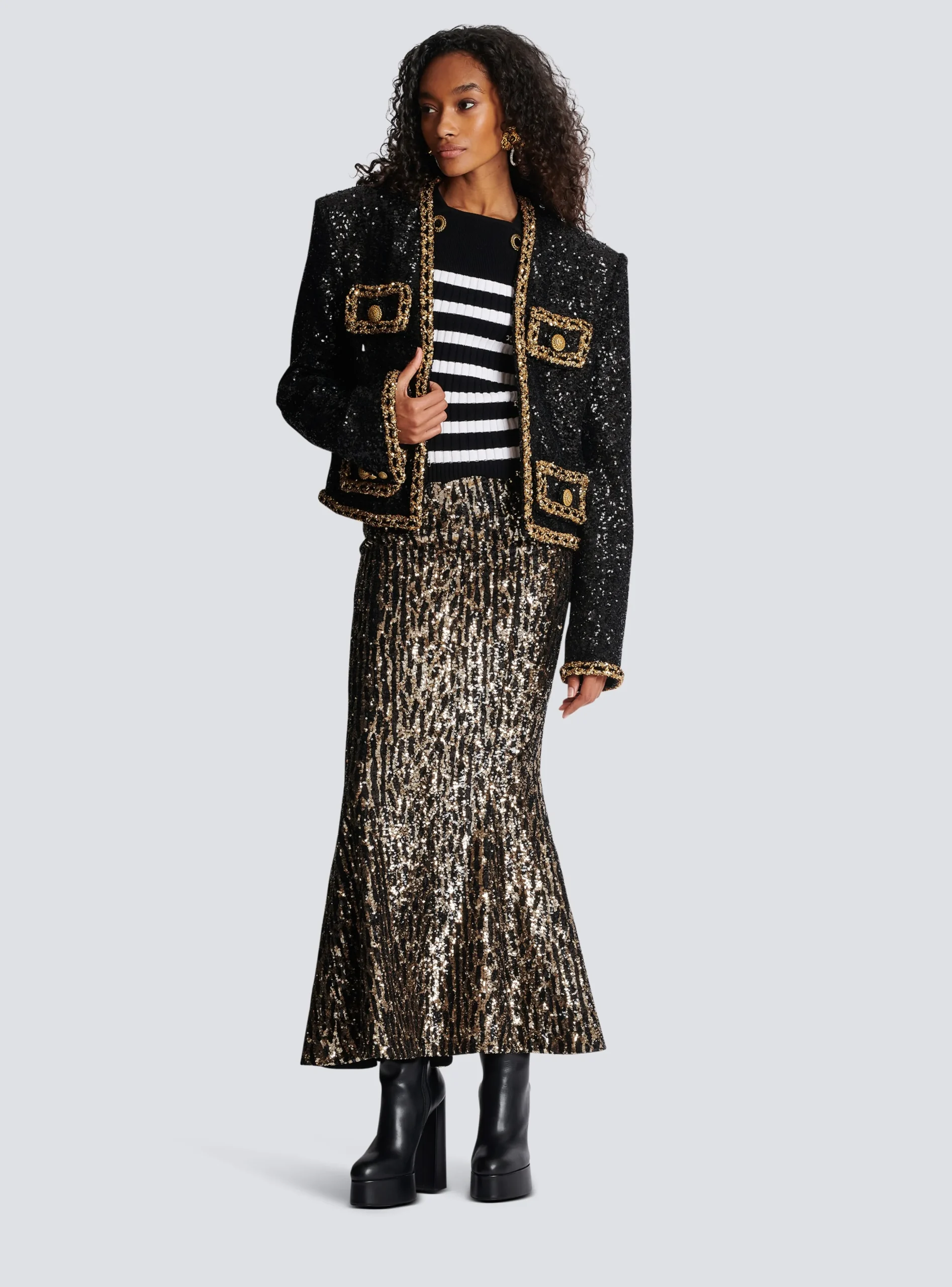 Women Balmain Long Skirt With Sequin Embroidery