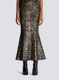 Women Balmain Long Skirt With Sequin Embroidery