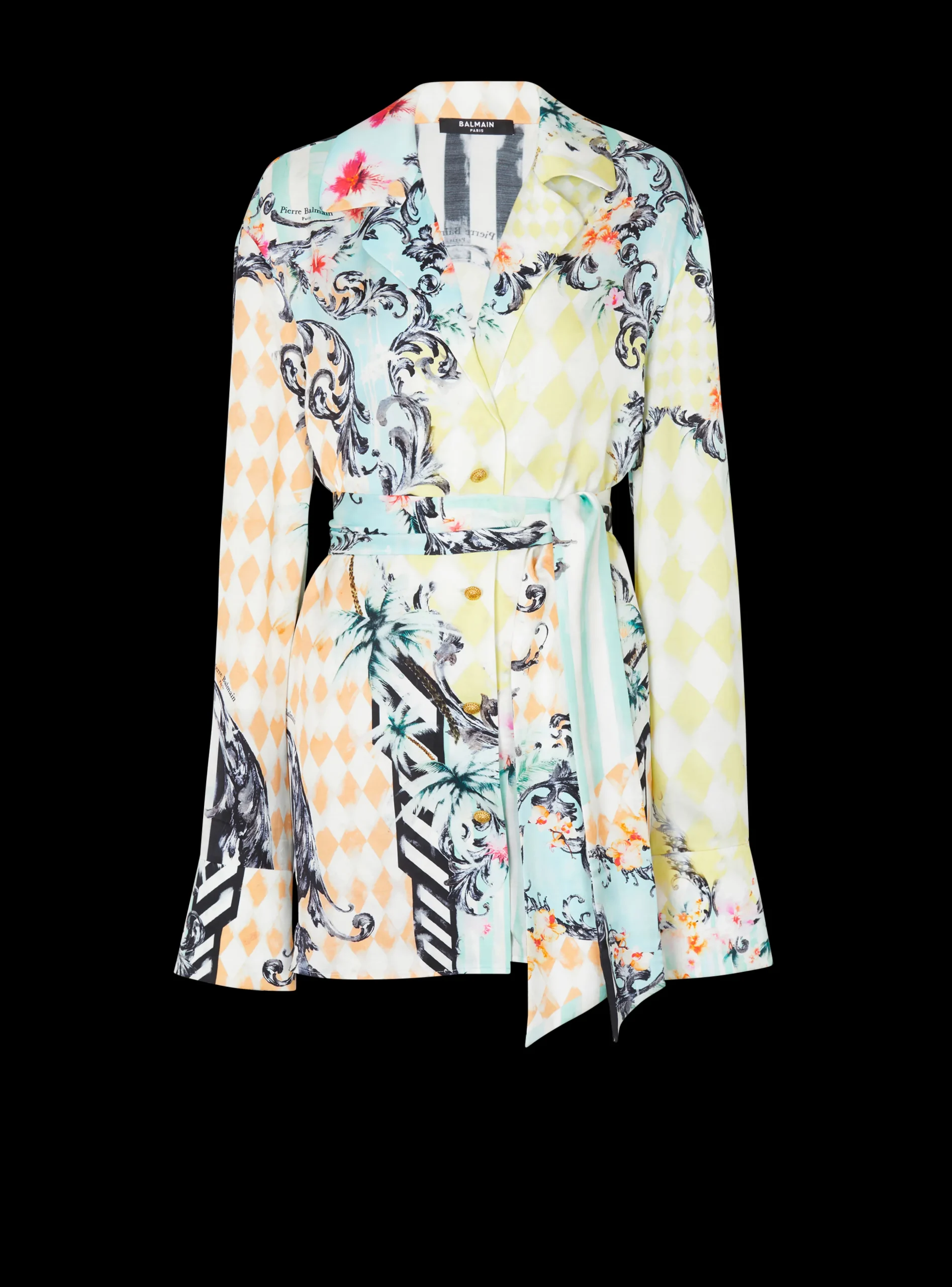 Women Balmain Loose Belted Shirt With Baroque Print