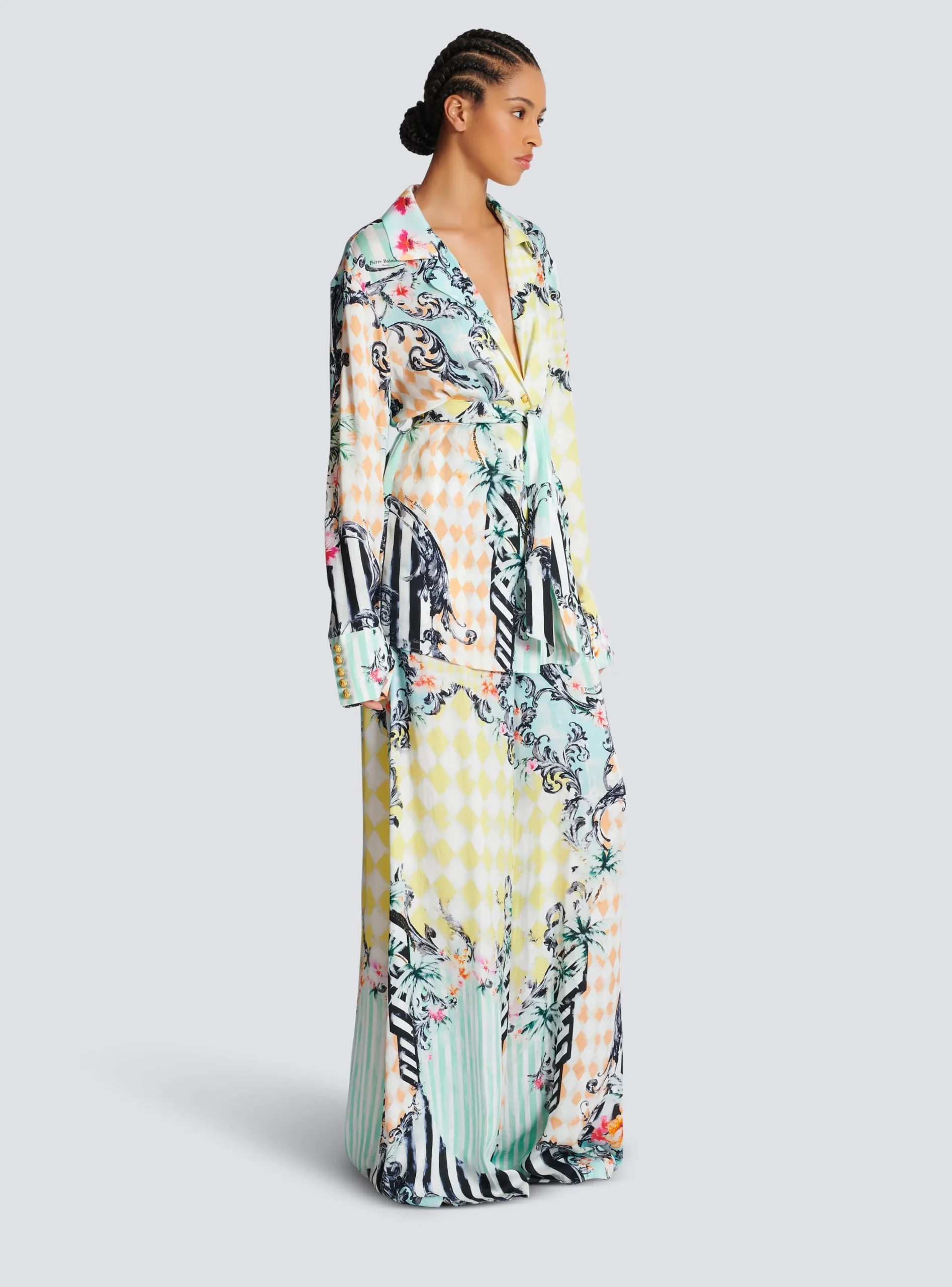 Women Balmain Loose Belted Shirt With Baroque Print