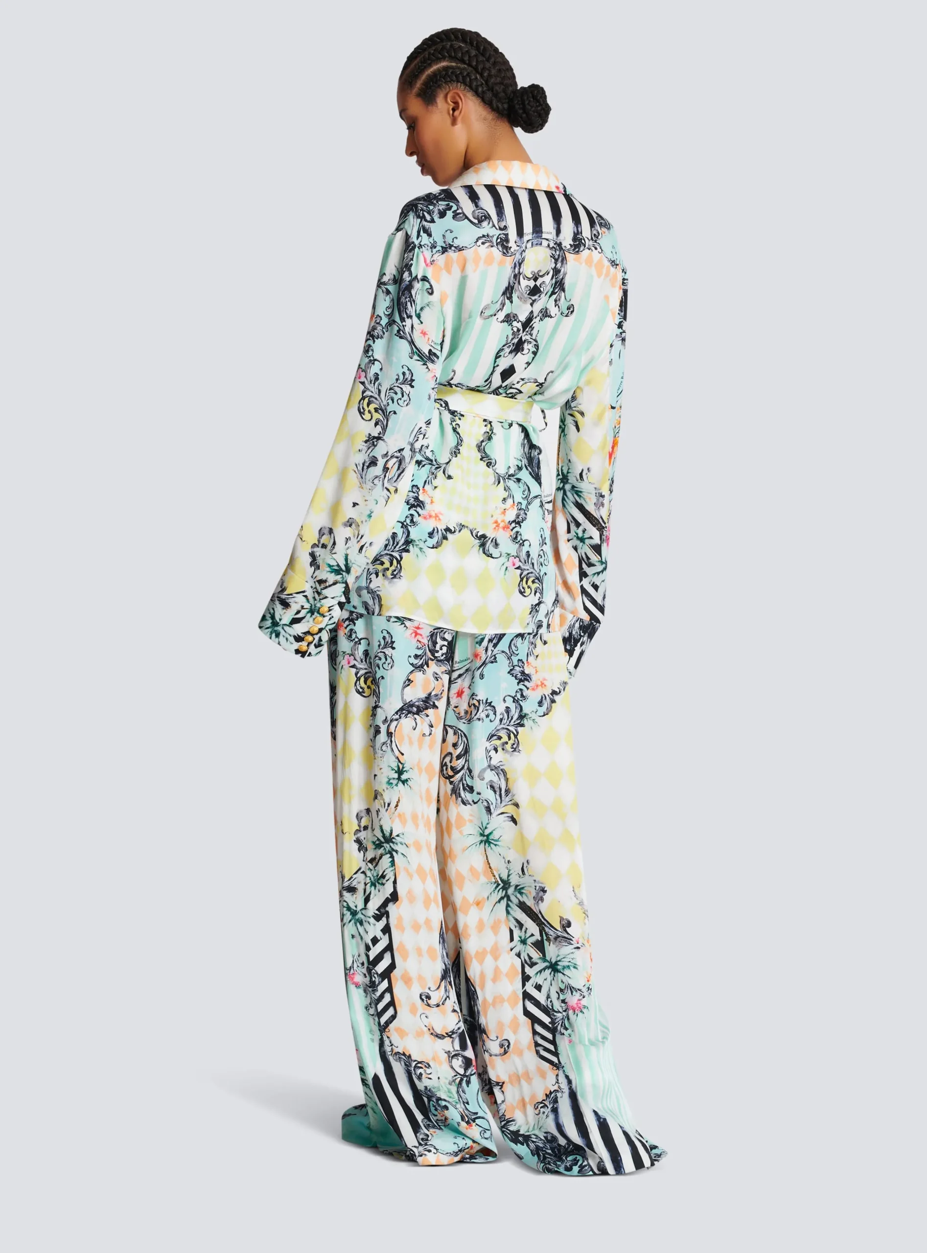 Women Balmain Loose Belted Shirt With Baroque Print