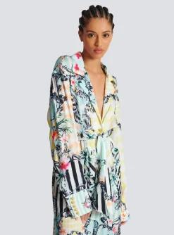 Women Balmain Loose Belted Shirt With Baroque Print