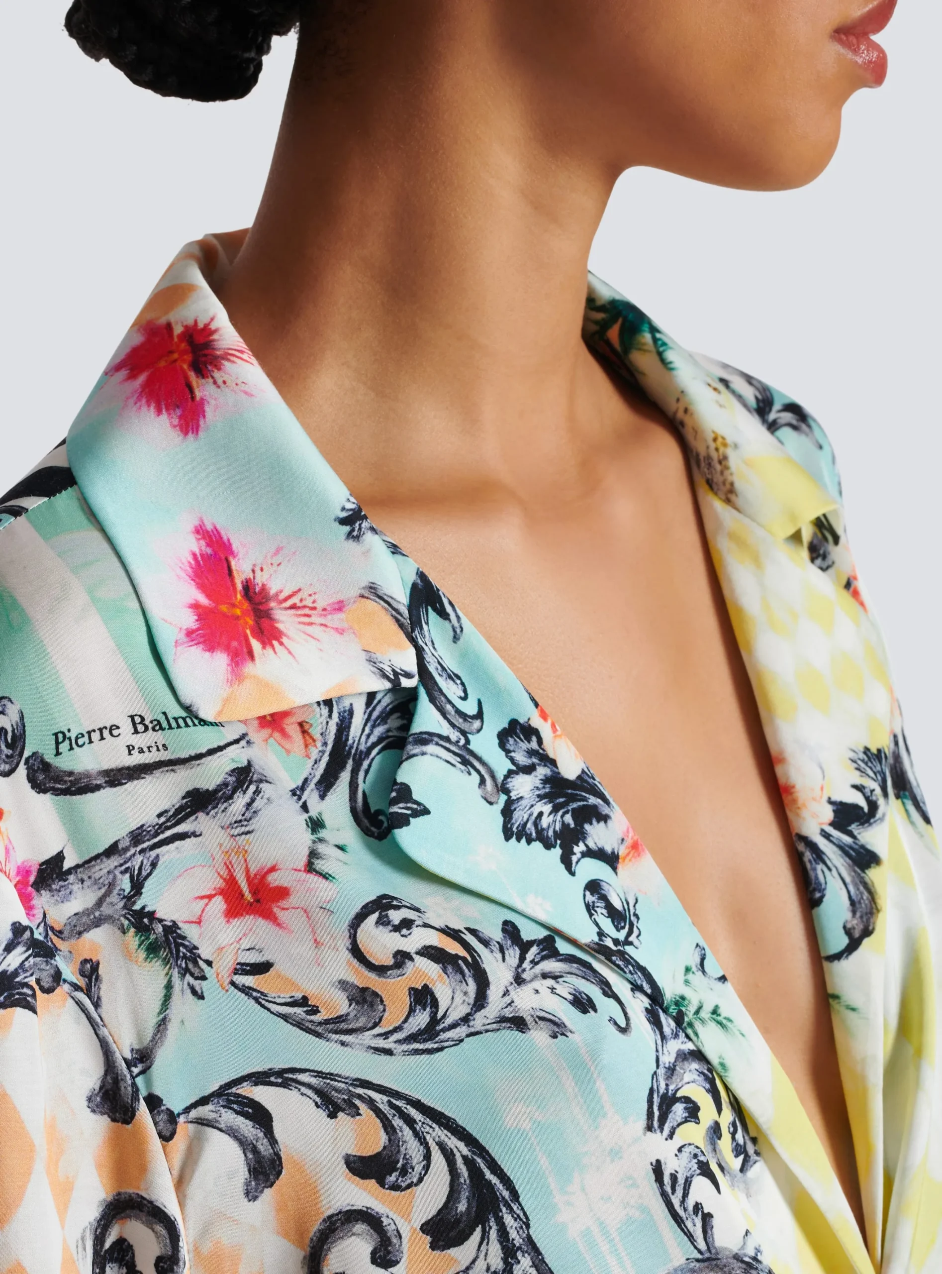 Women Balmain Loose Belted Shirt With Baroque Print