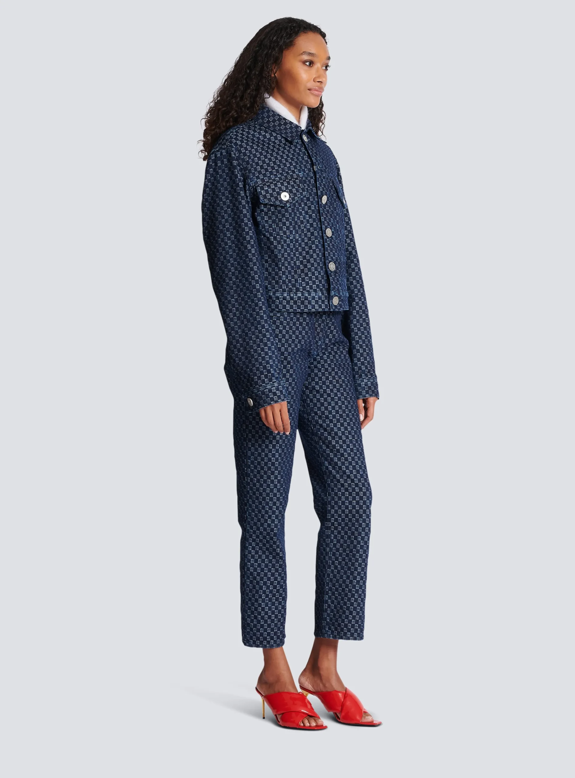 Women Balmain Mini Monogram Jacquard Denim Jacket