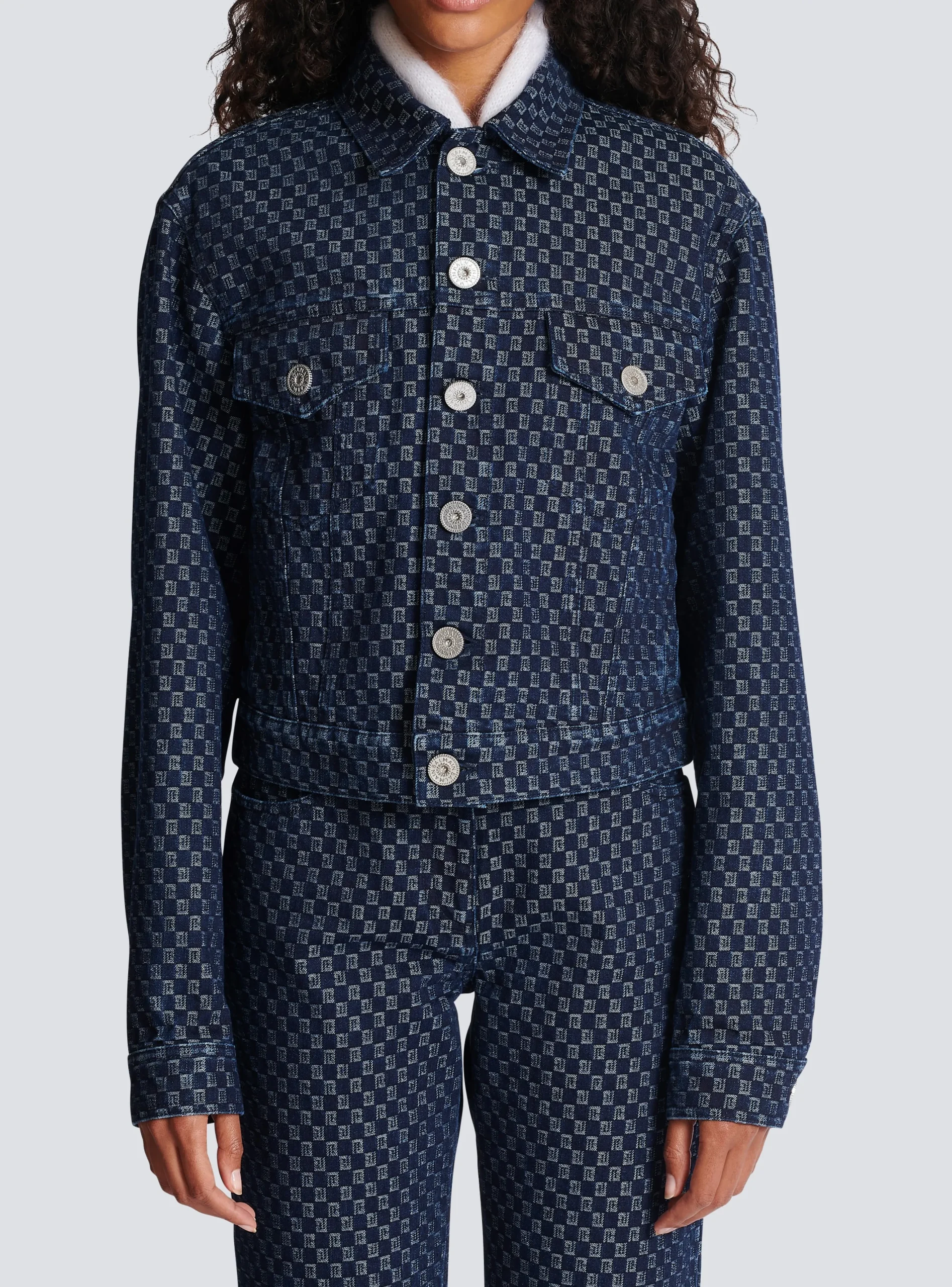 Women Balmain Mini Monogram Jacquard Denim Jacket
