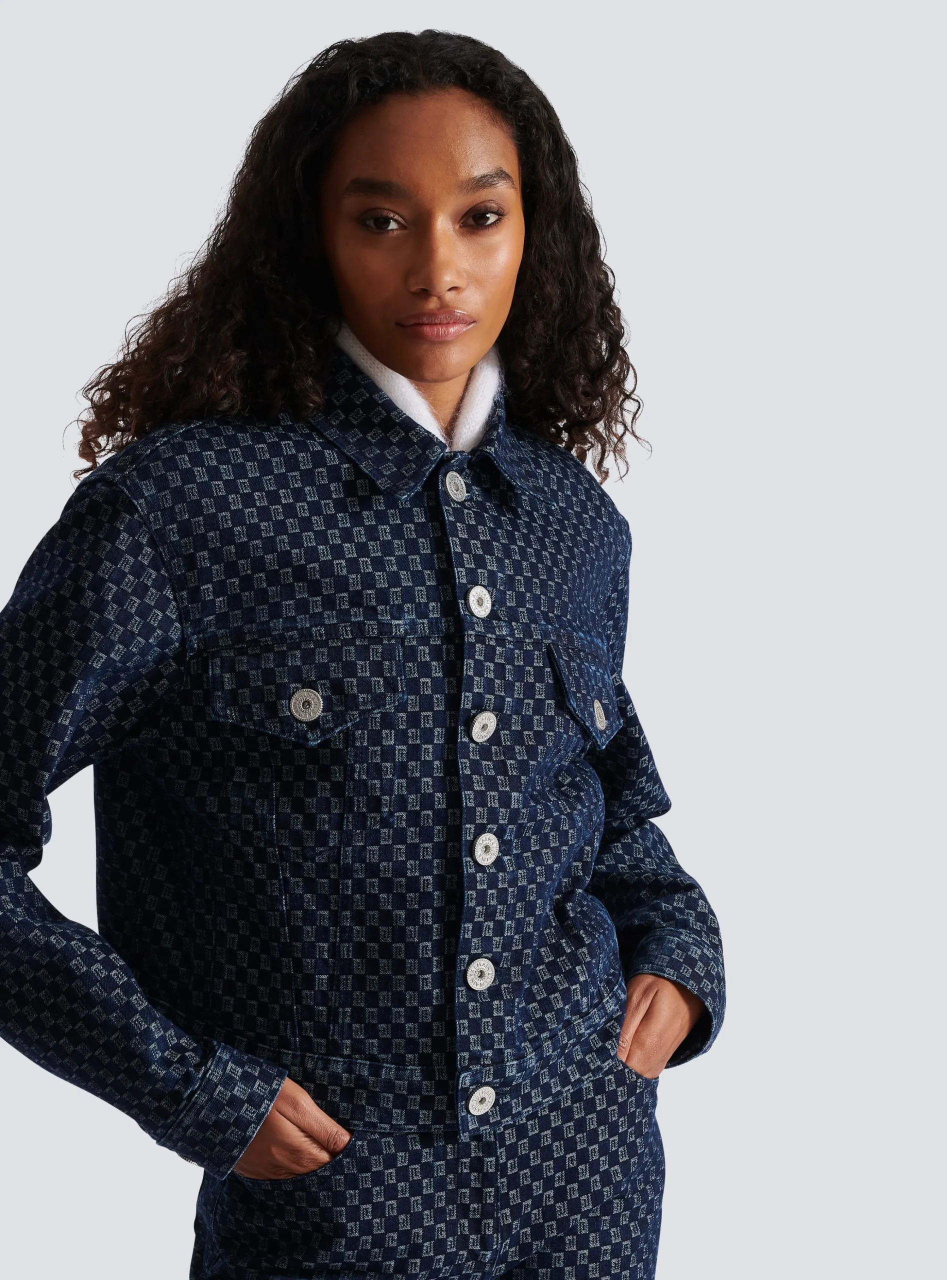 Women Balmain Mini Monogram Jacquard Denim Jacket