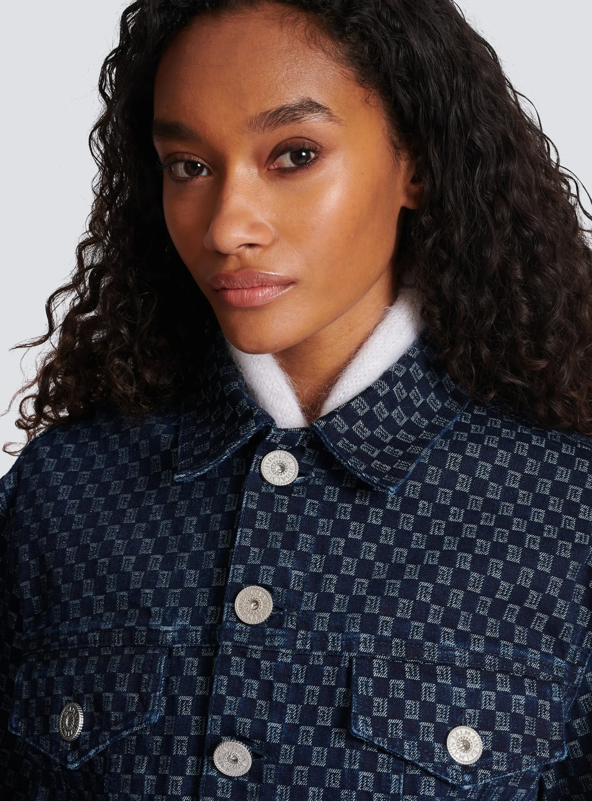 Women Balmain Mini Monogram Jacquard Denim Jacket