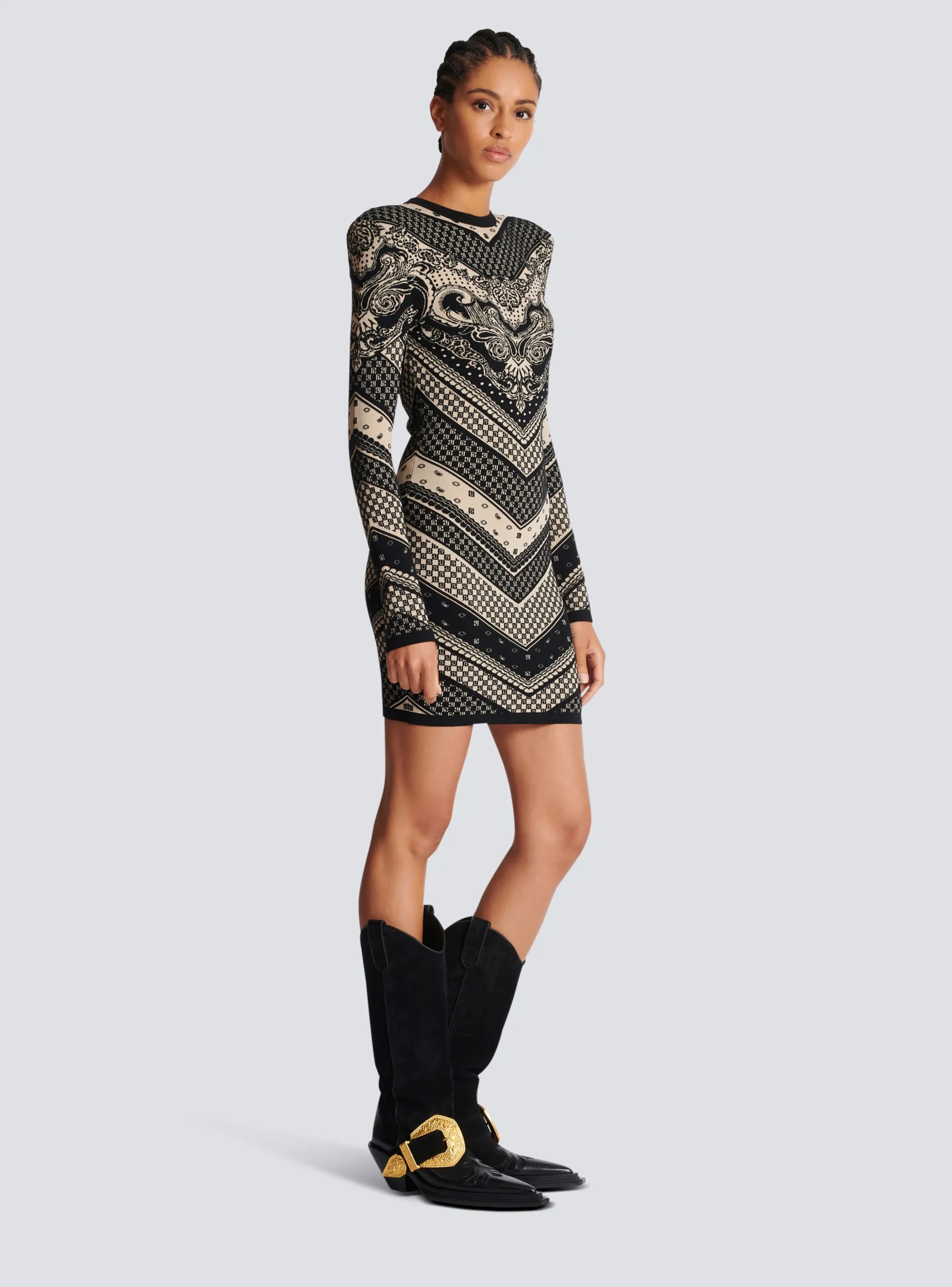 Women Balmain Monogram And Paisley Knit Short Dress