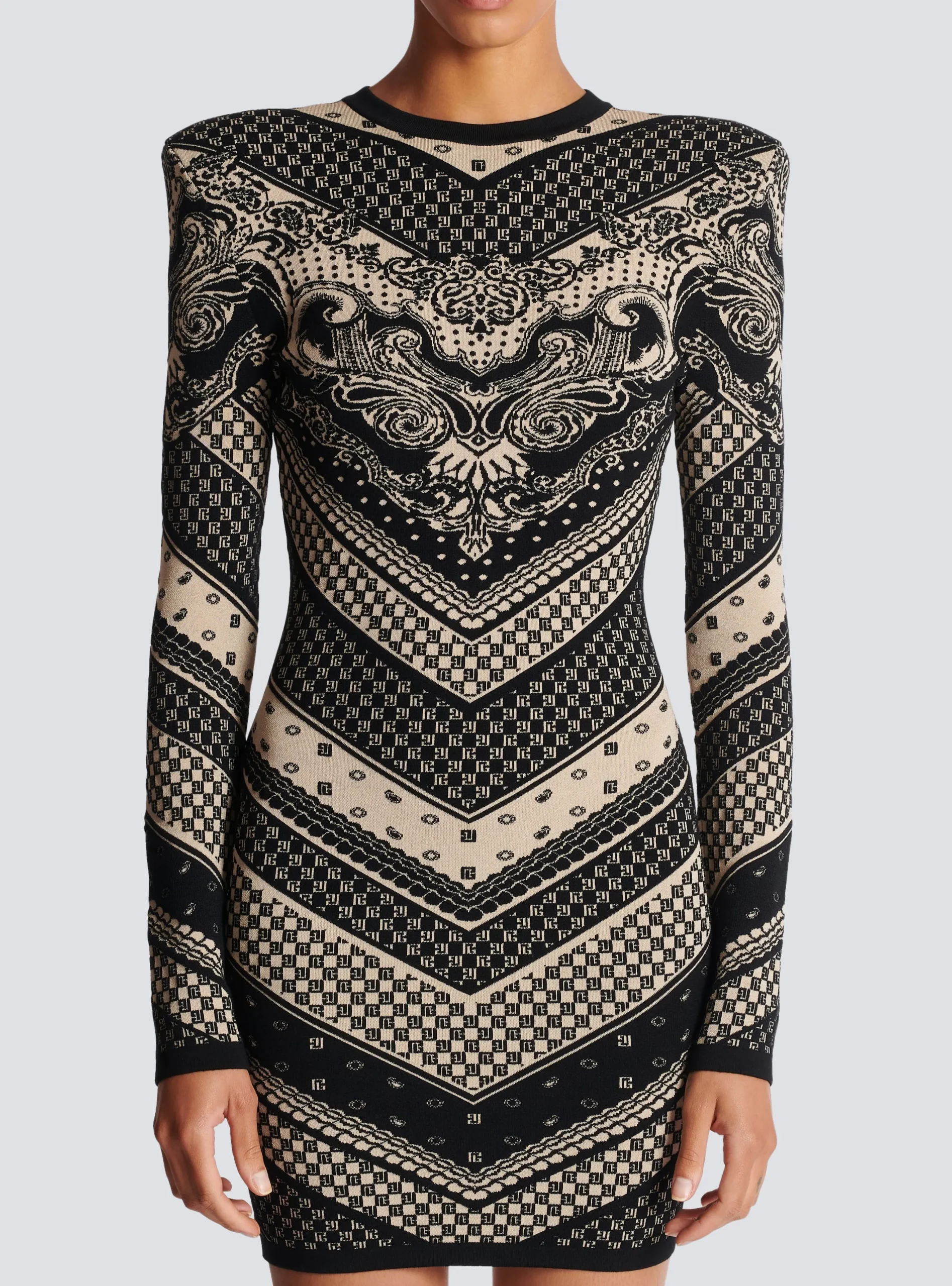 Women Balmain Monogram And Paisley Knit Short Dress
