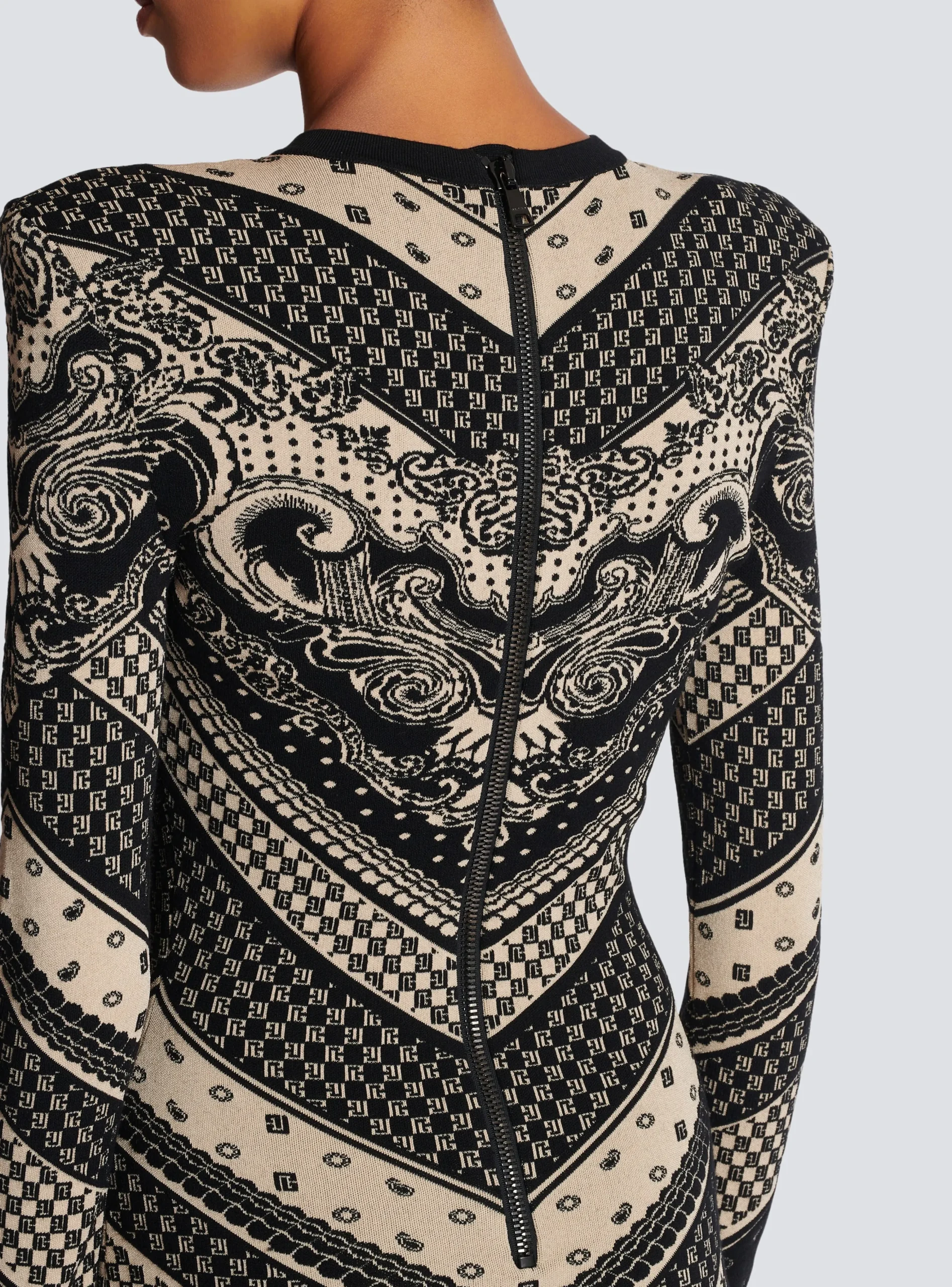 Women Balmain Monogram And Paisley Knit Short Dress