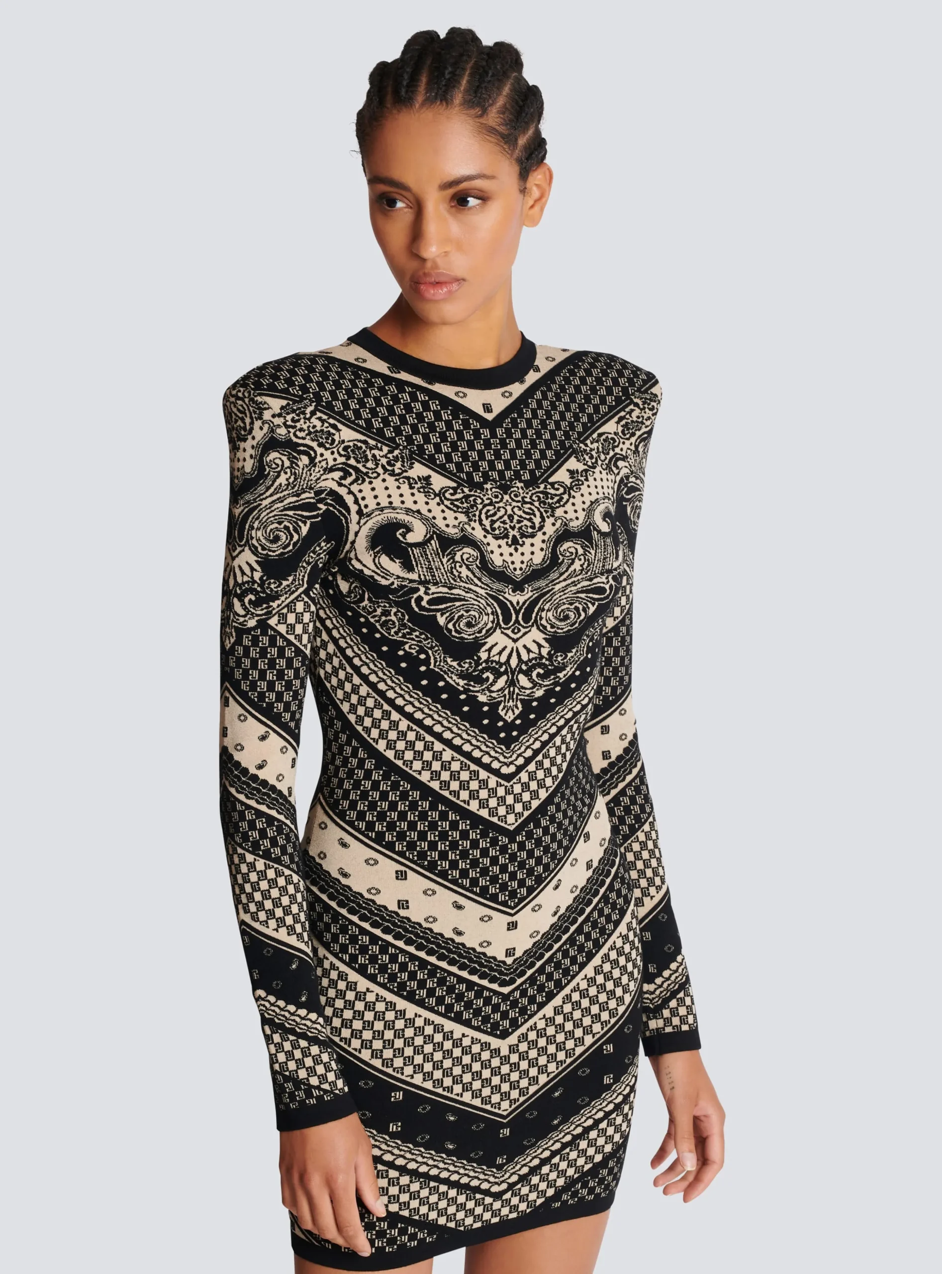 Women Balmain Monogram And Paisley Knit Short Dress