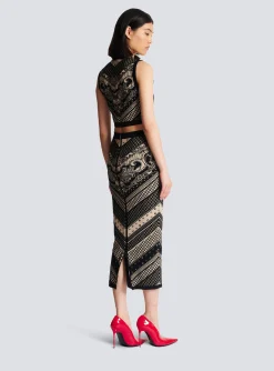 Women Balmain Monogram And Paisley Knit Skirt