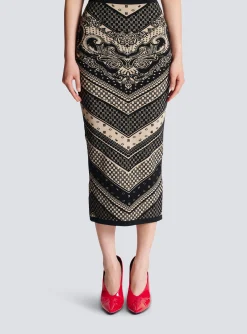 Women Balmain Monogram And Paisley Knit Skirt