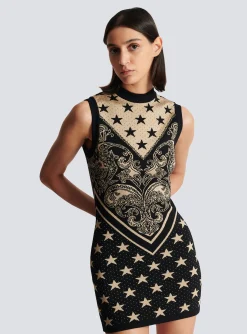 Women Balmain Monogram And Star Knit Short Dress