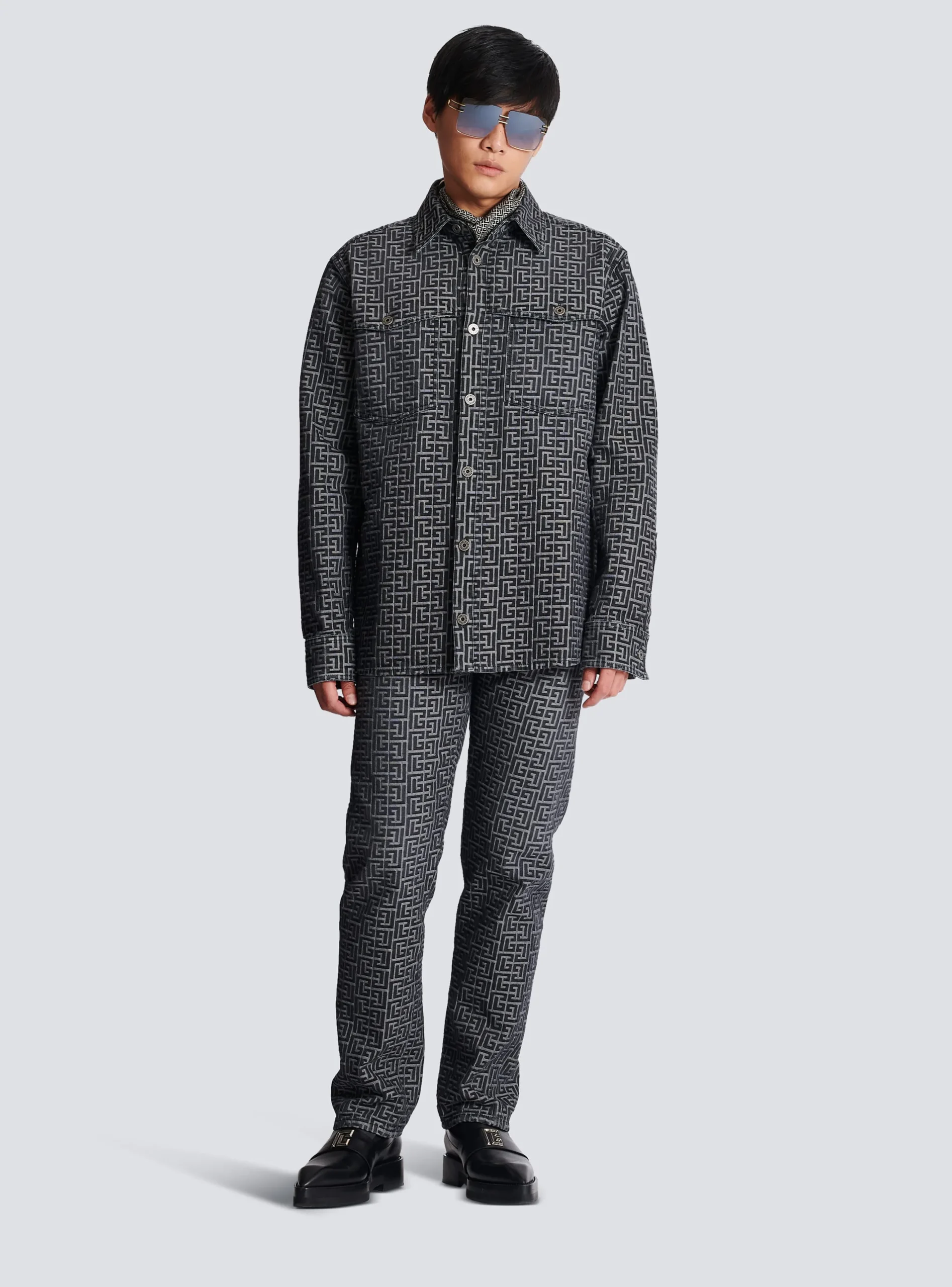 Balmain Monogrammed Jacquard Denim Shirt