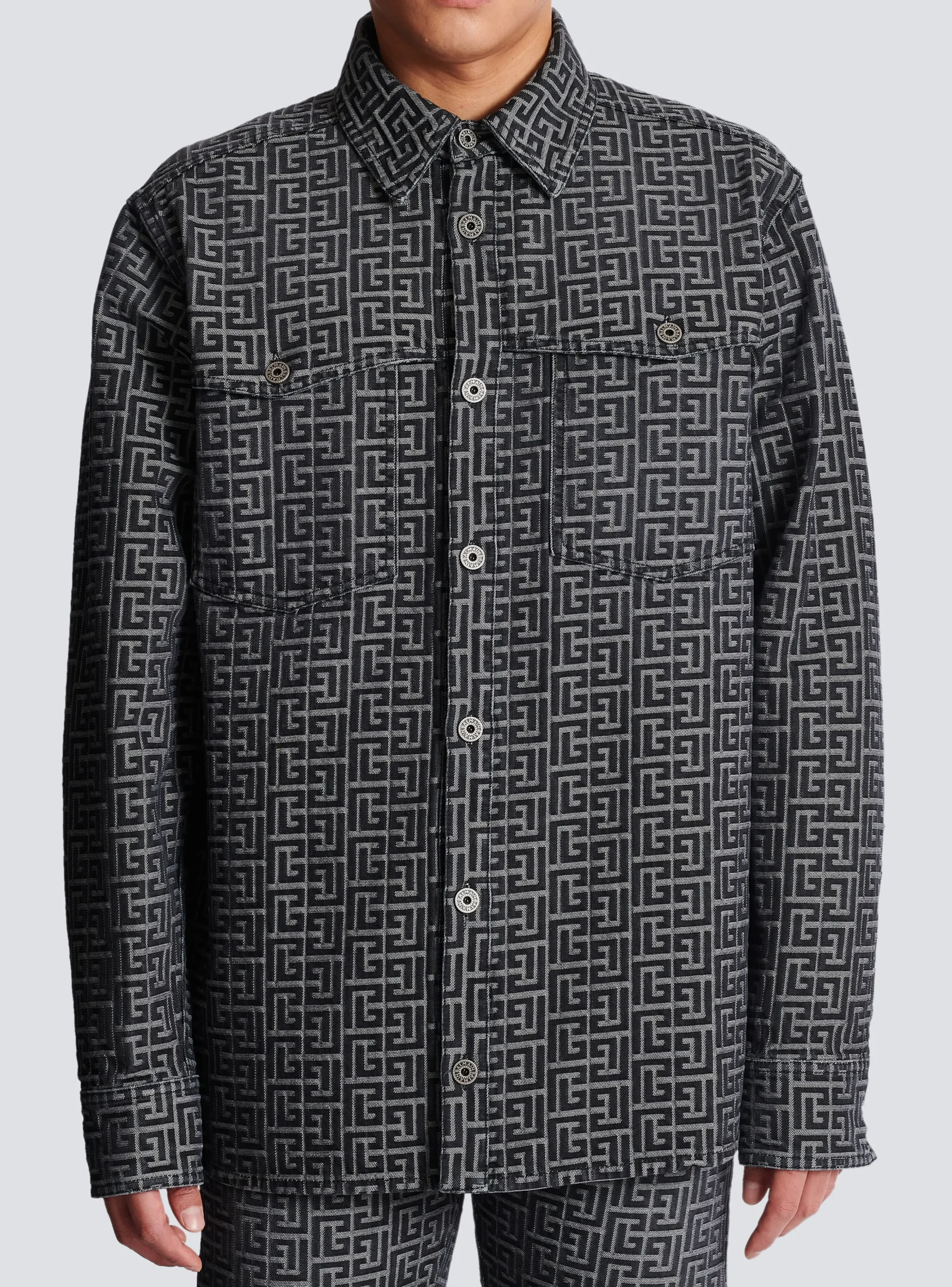 Balmain Monogrammed Jacquard Denim Shirt