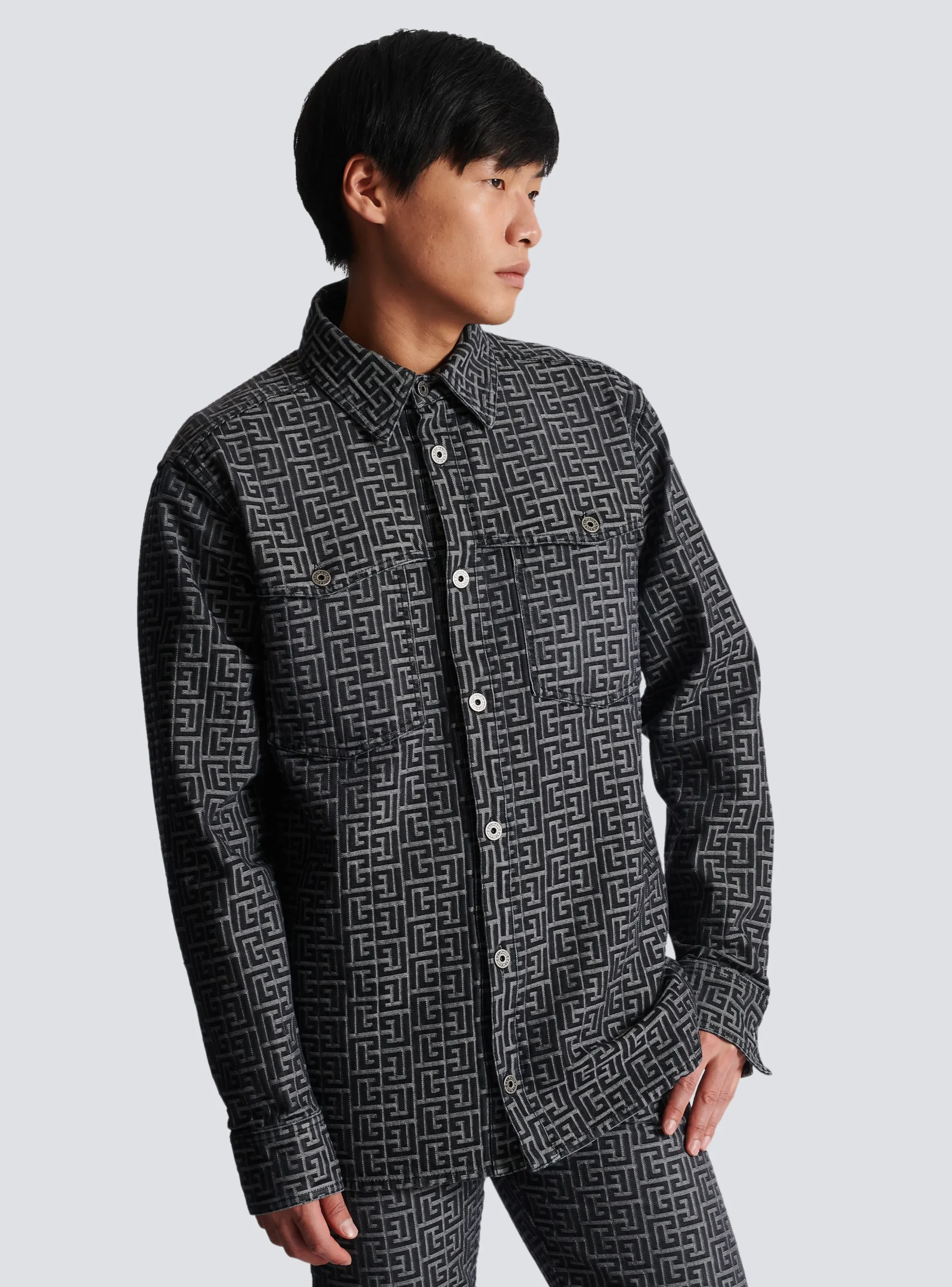 Balmain Monogrammed Jacquard Denim Shirt