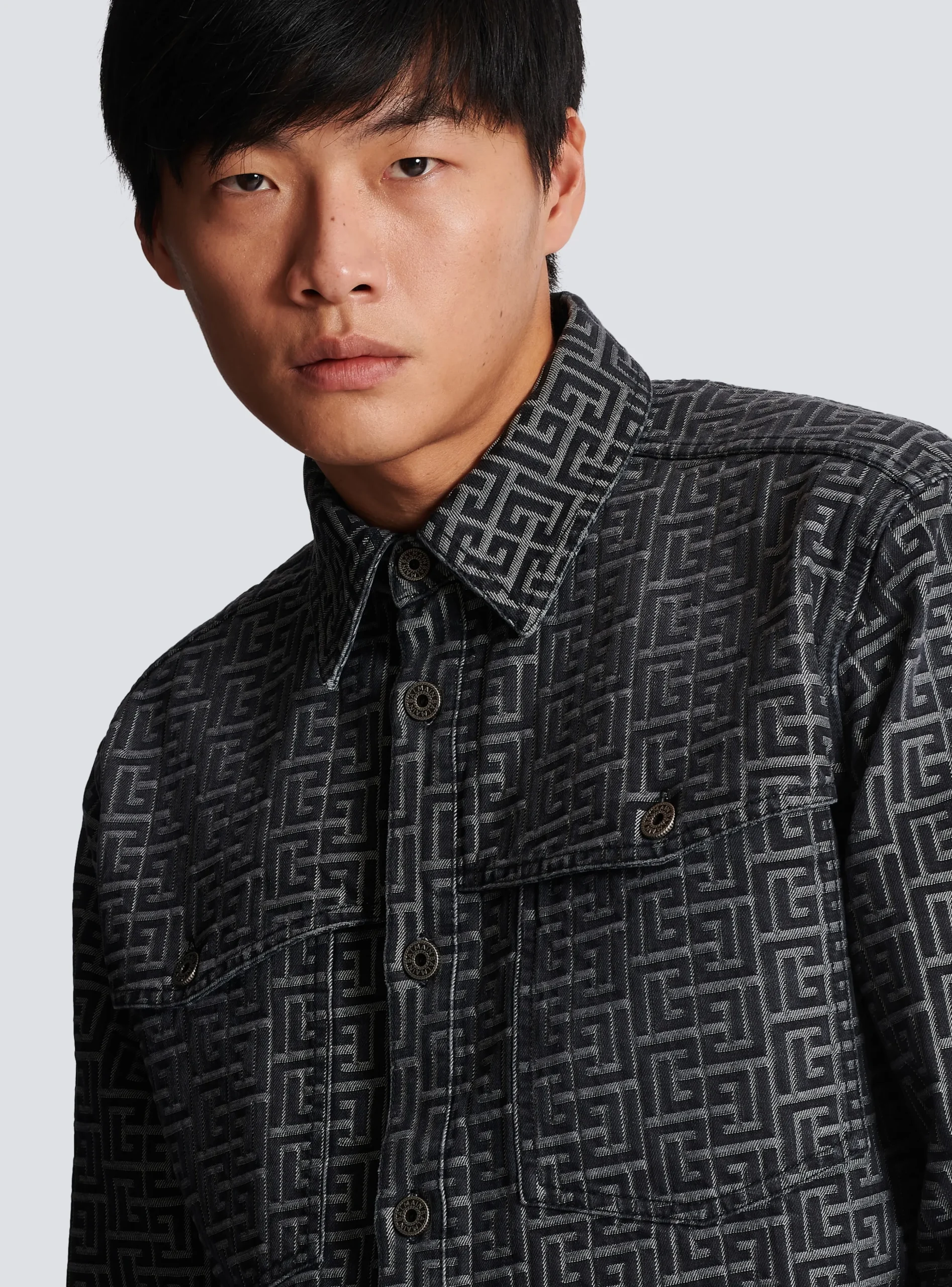 Balmain Monogrammed Jacquard Denim Shirt