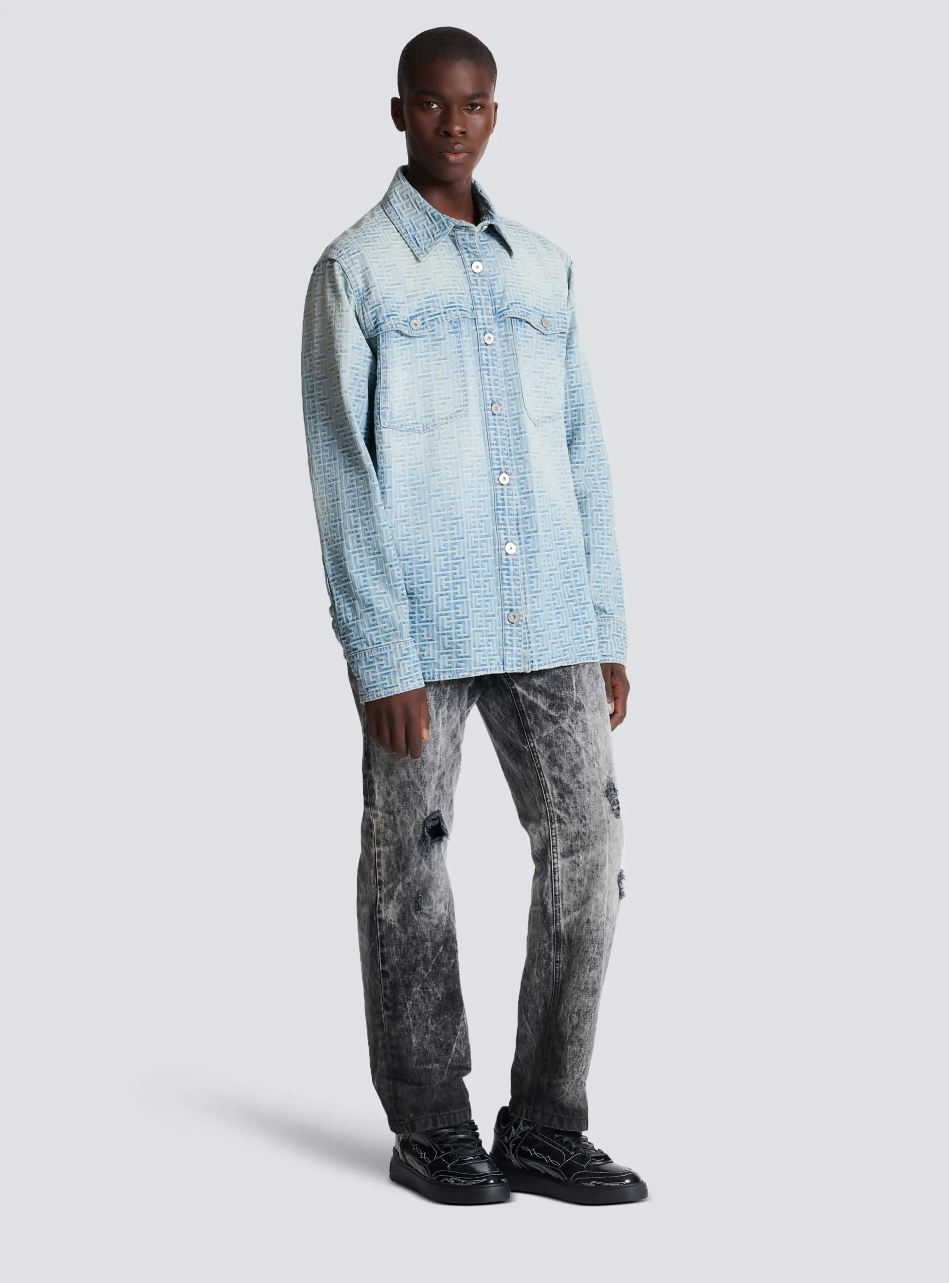 Balmain Monogrammed Jacquard Denim Shirt