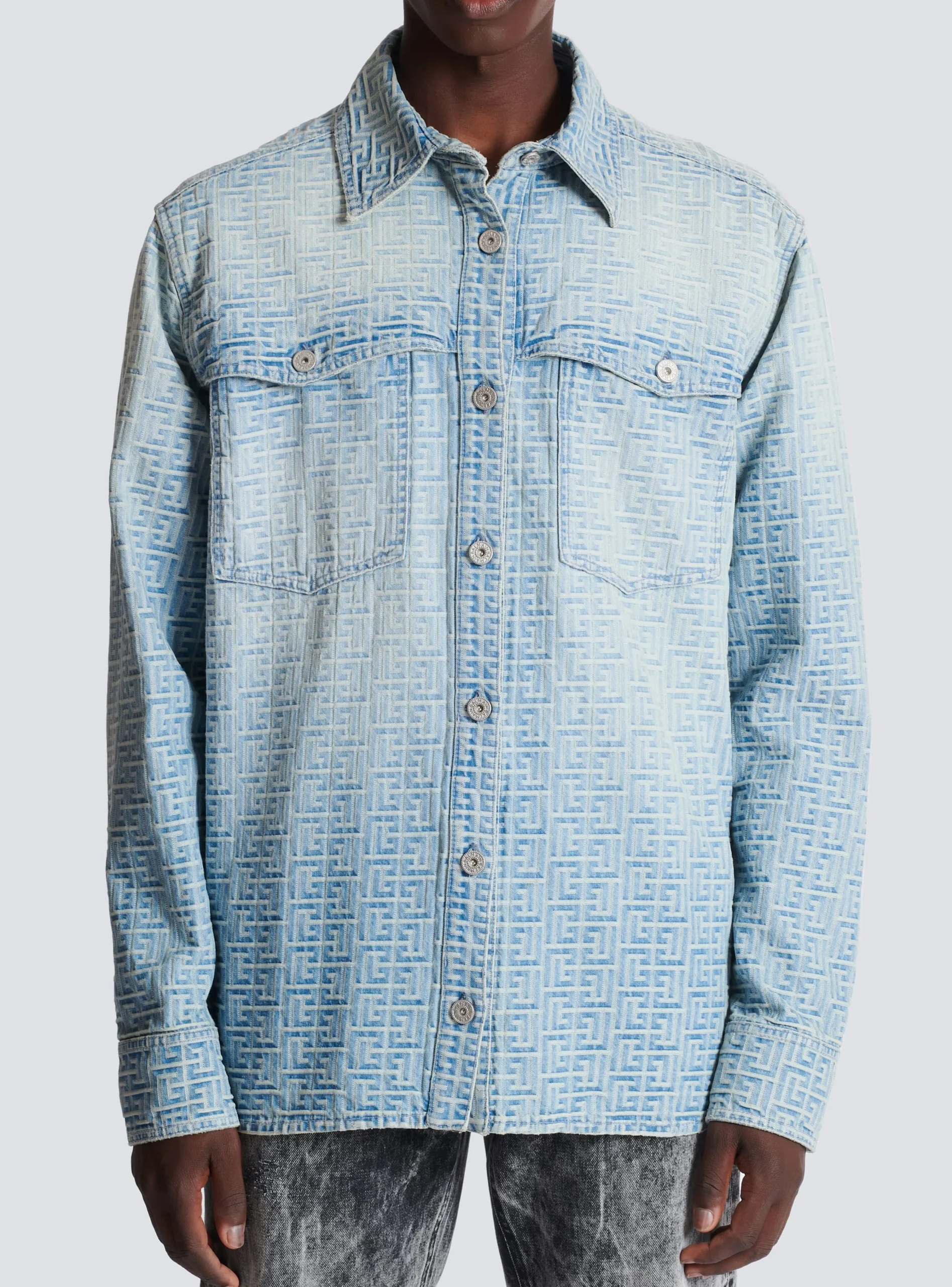 Balmain Monogrammed Jacquard Denim Shirt