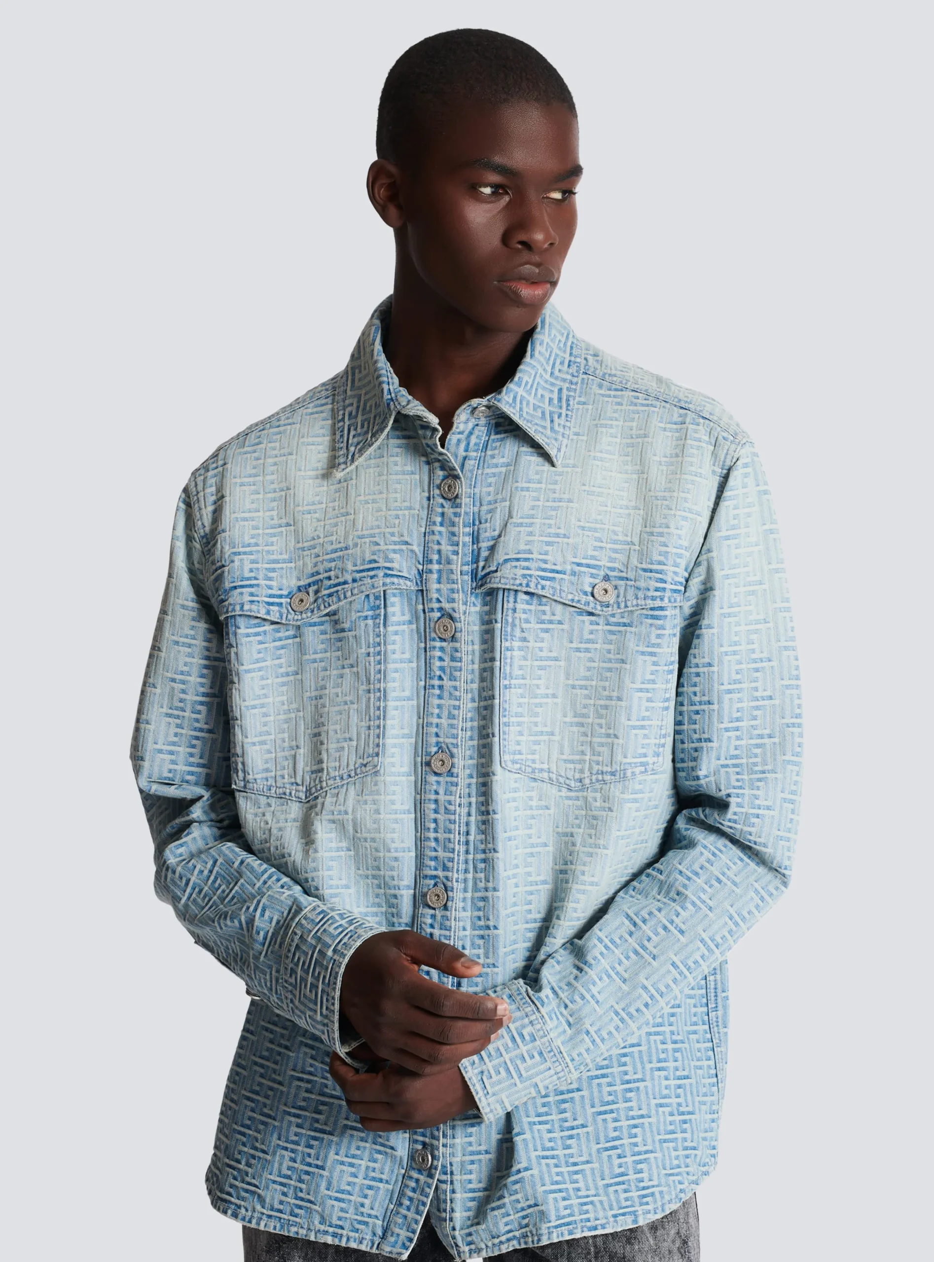 Balmain Monogrammed Jacquard Denim Shirt