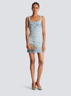 Women Balmain Monogrammed Short Denim Dress