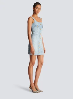 Women Balmain Monogrammed Short Denim Dress