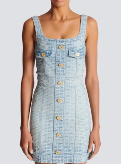 Women Balmain Monogrammed Short Denim Dress