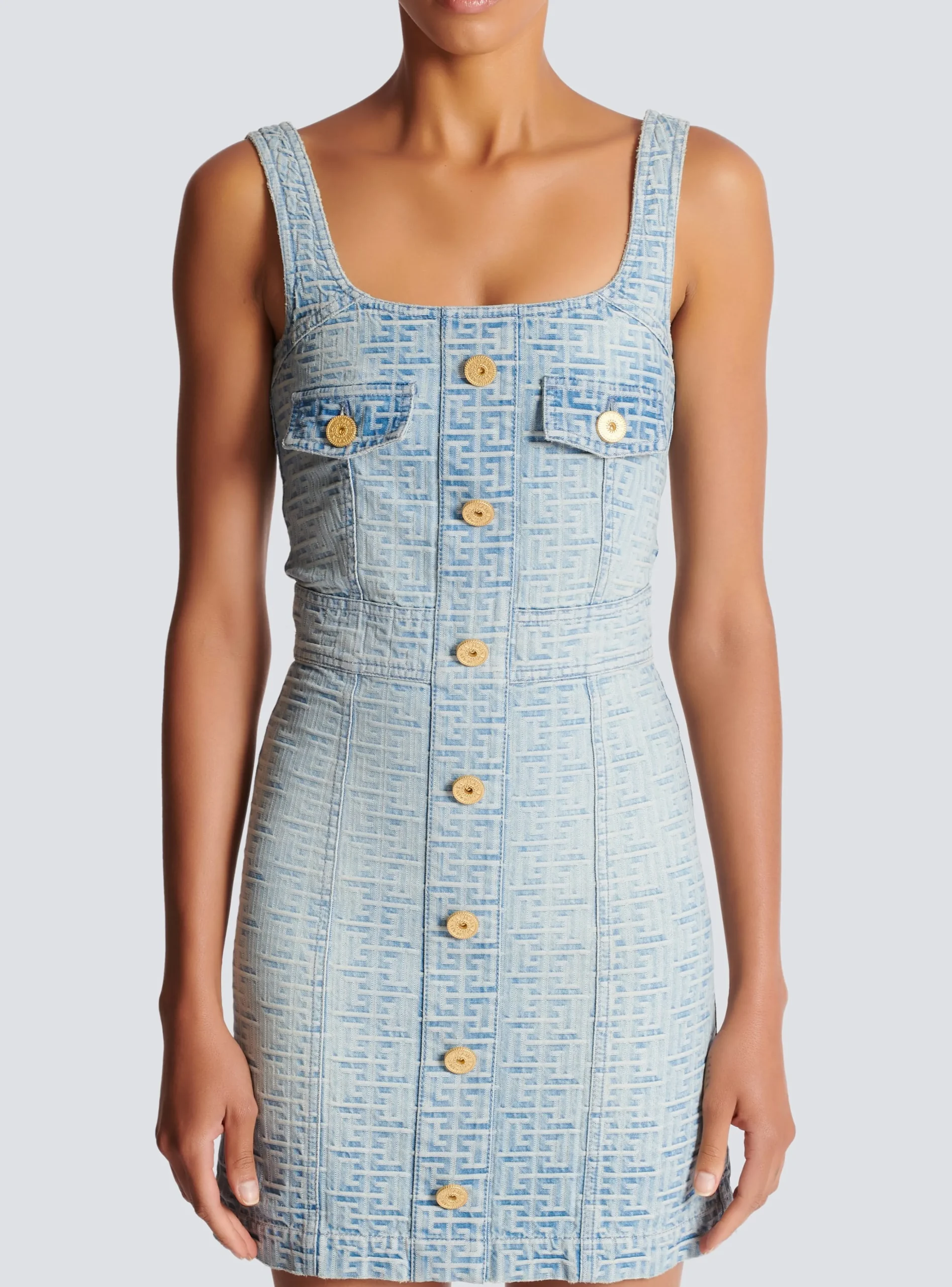 Women Balmain Monogrammed Short Denim Dress
