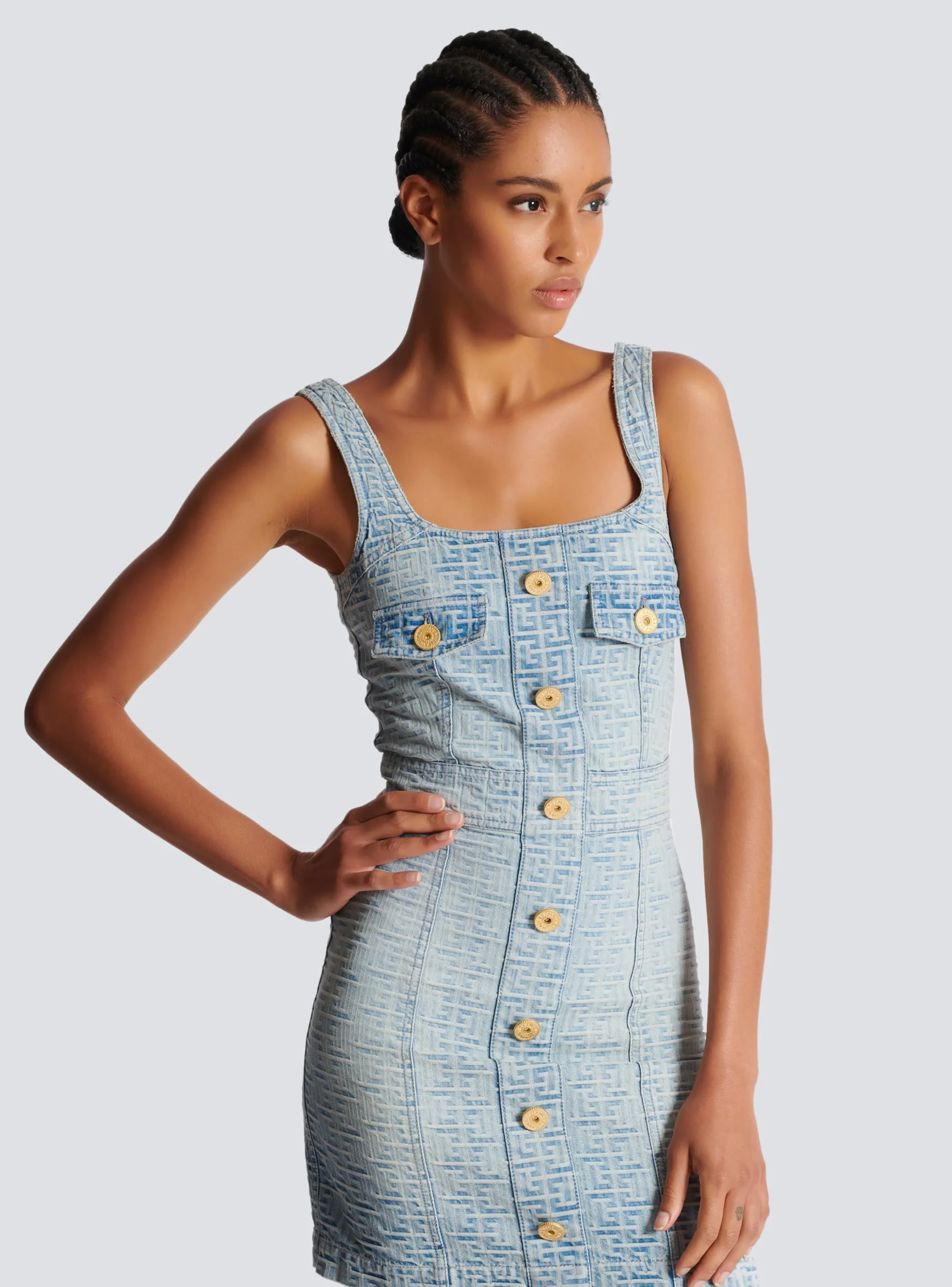 Women Balmain Monogrammed Short Denim Dress