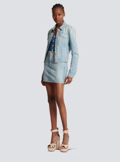 Women Balmain Monogrammed Short Denim Skirt