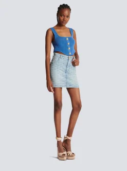 Women Balmain Monogrammed Short Denim Skirt