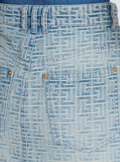 Women Balmain Monogrammed Short Denim Skirt