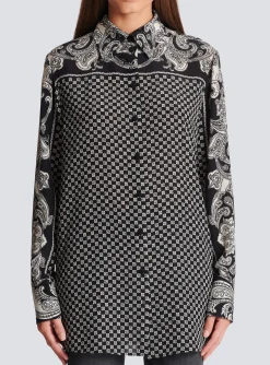 Women Balmain Paisley And Mini Monogram Printed Silk Shirt
