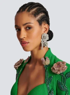 Women Balmain Palladium Rose Earrings Set With Crystals