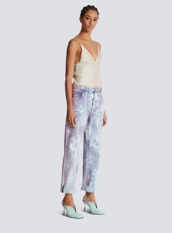 Women Balmain Palm Tree Denim Boyfriend Jeans